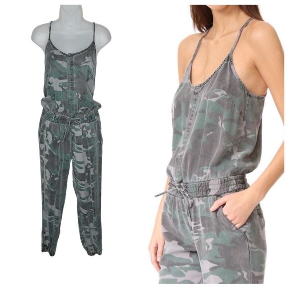 PAM & GELA Green Camo Sleeveless Tie Waist Tank Top Jumpsuit Pockets Women’s - Picture 1 of 15